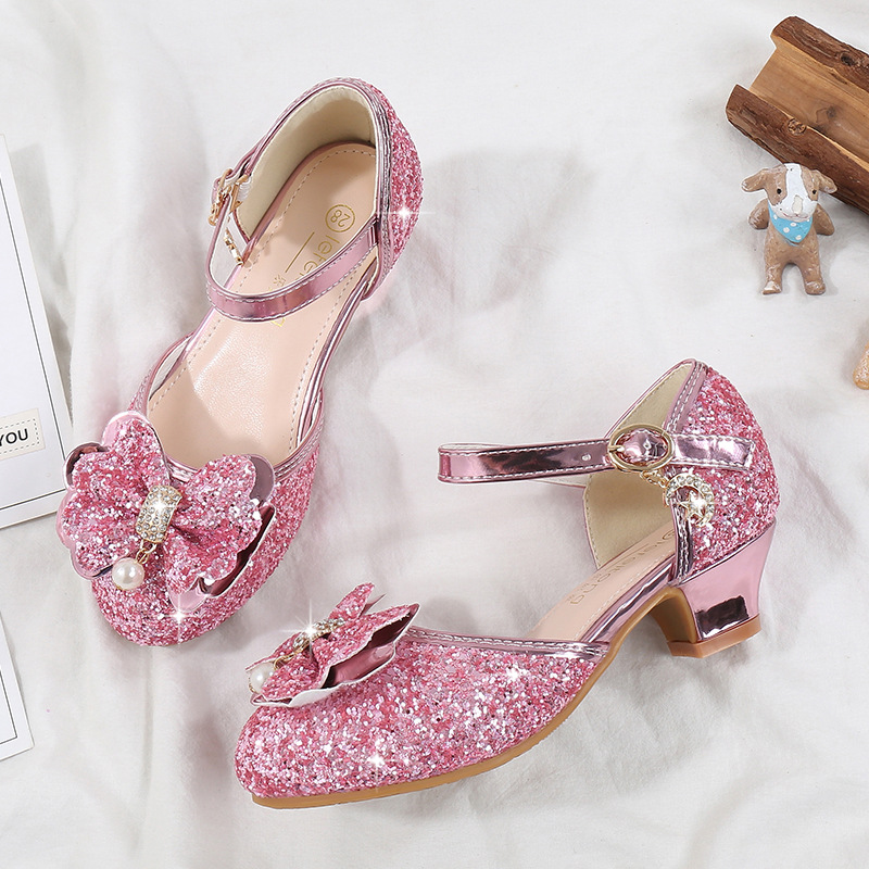 Girls High Heels Fashion Spring New Arrival Sequin Bow Shoes Children Dance Single Shoes Baotou Princess Shoes
