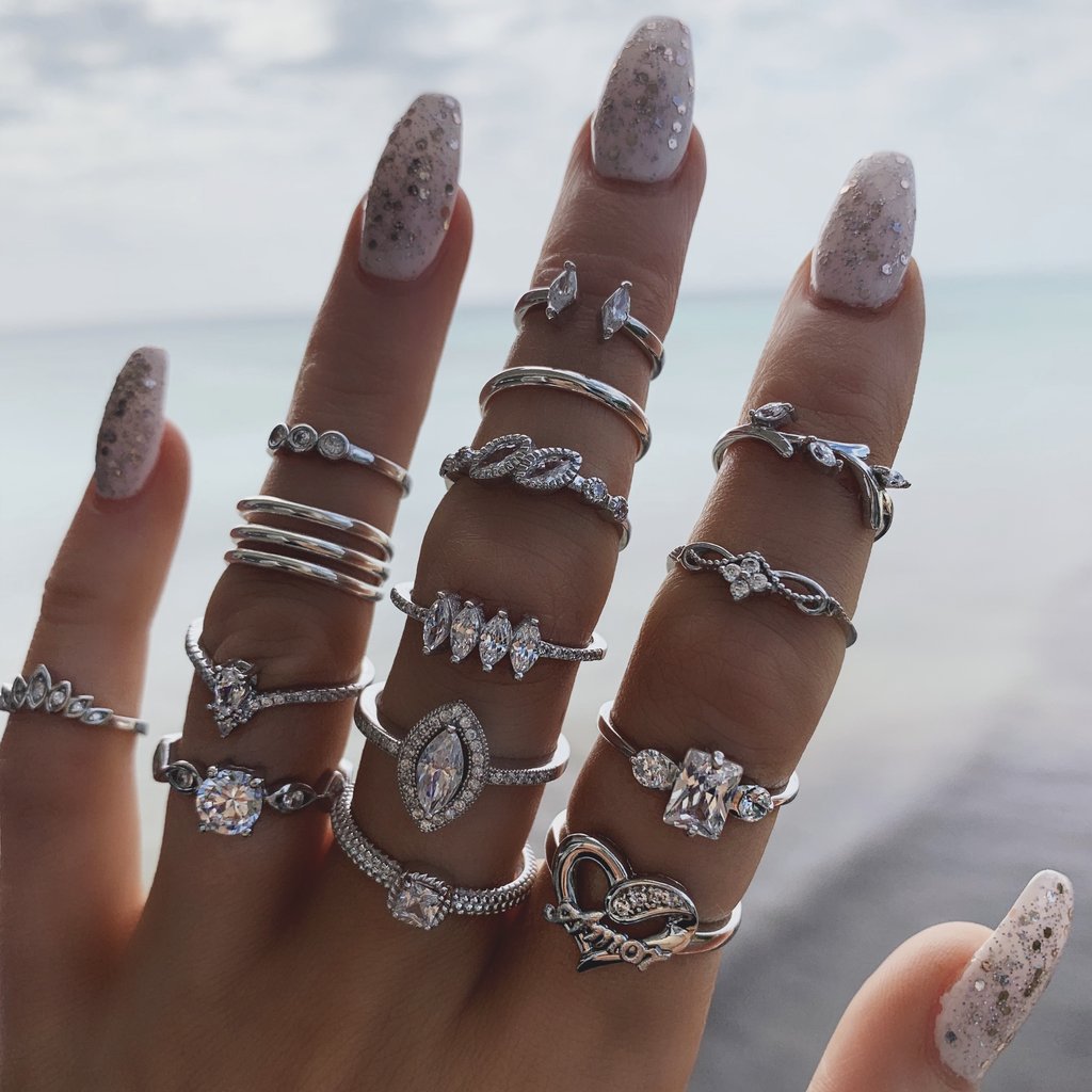 hot women's joint Ring hollow diamond love Ring Set 15 piece Set Ring Set_voghion.com