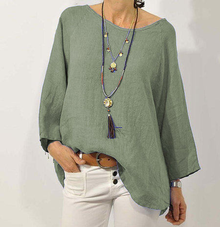 Spot 2023 Cross-border European and American Foreign Trade Women's Top Solid Color Cotton and Linen Round Neck Raglan Sleeve Nine-sleeve Blouse
