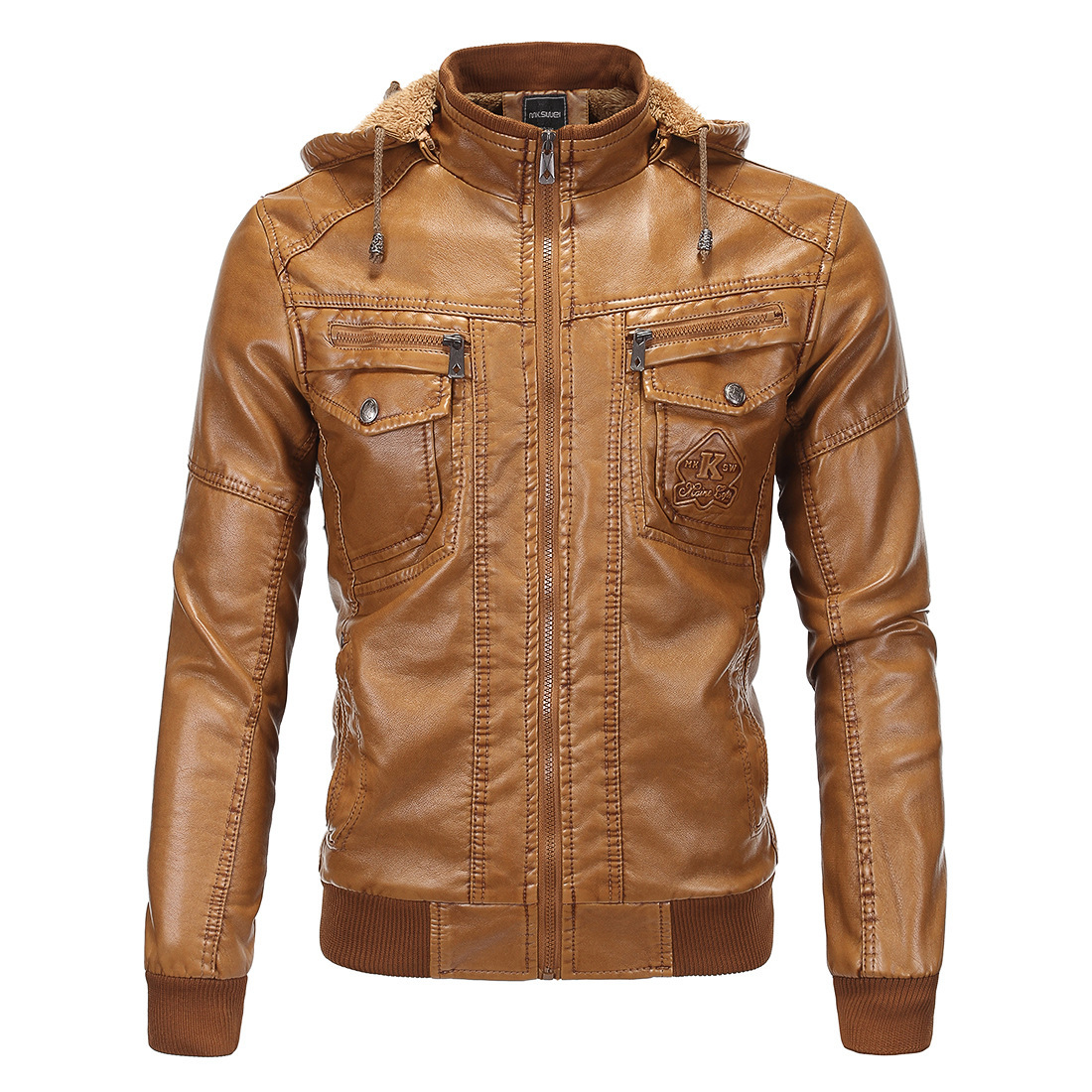 Pure European Size 2019 Men's Leather Jacket Fleece-lined Warm Leather Jacket Classic Faux Sheepskin Hooded Leather Jacket 1603