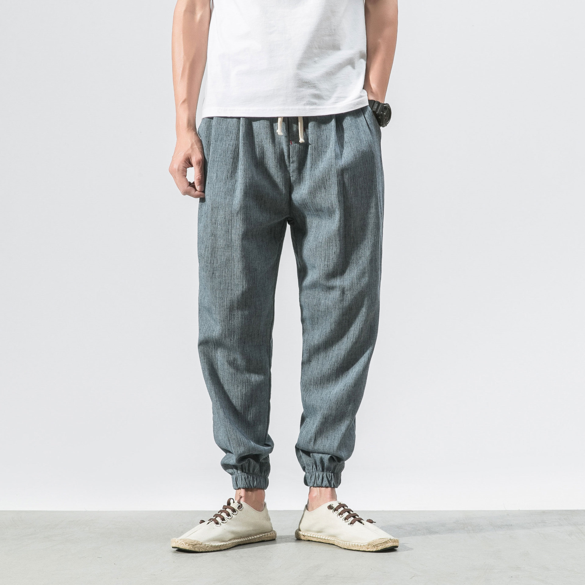 2019 large size Chinese style men's Japanese style bloomers men's linen pants fashion cotton and linen Harlan pants toe pants