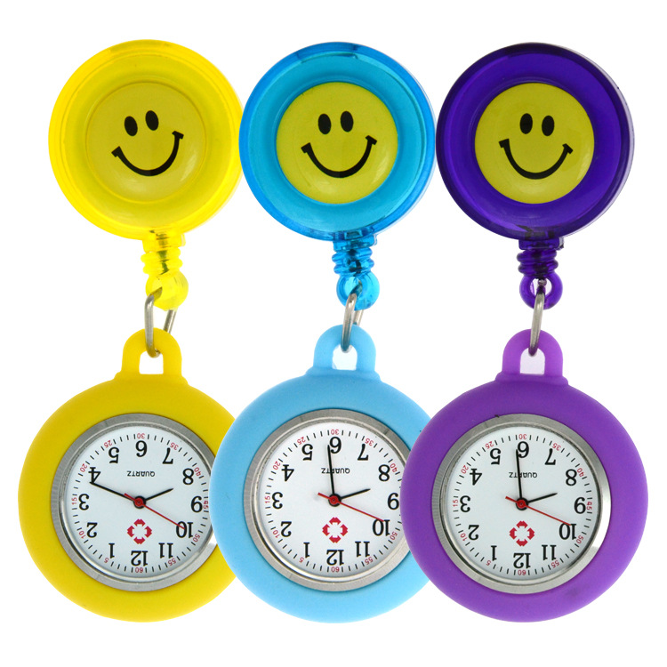 Smiley Face Retractable Nurse Watch Female Student Examination Electronic Watch Doctor Pocket Watch Easy Pull Buckle Silicone Color Face Chest Watch