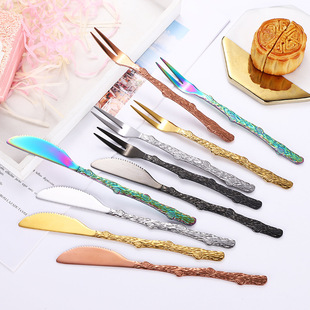 410 Stainless Steel Mori Classical Branch Dessert Knife Creative Leaf Fruit Fork Mixing Spoon Mid-Autumn Moon Cake Knife and Fork