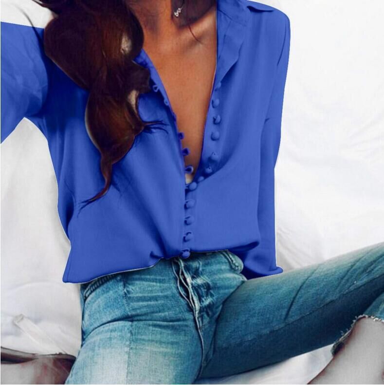 2019 Explosions European and American New Irregular Solid Color V-neck Sexy Buckle Long Sleeve Blouse