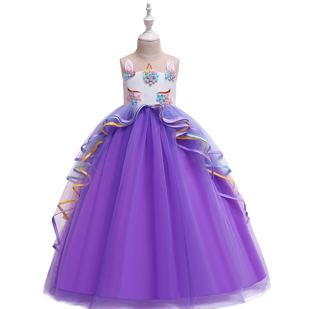 2024 Long Colorful Net Yarn Cake Puff Skirt Unicorn Princess Dress Holiday Performance Gown For Children Age 3-12