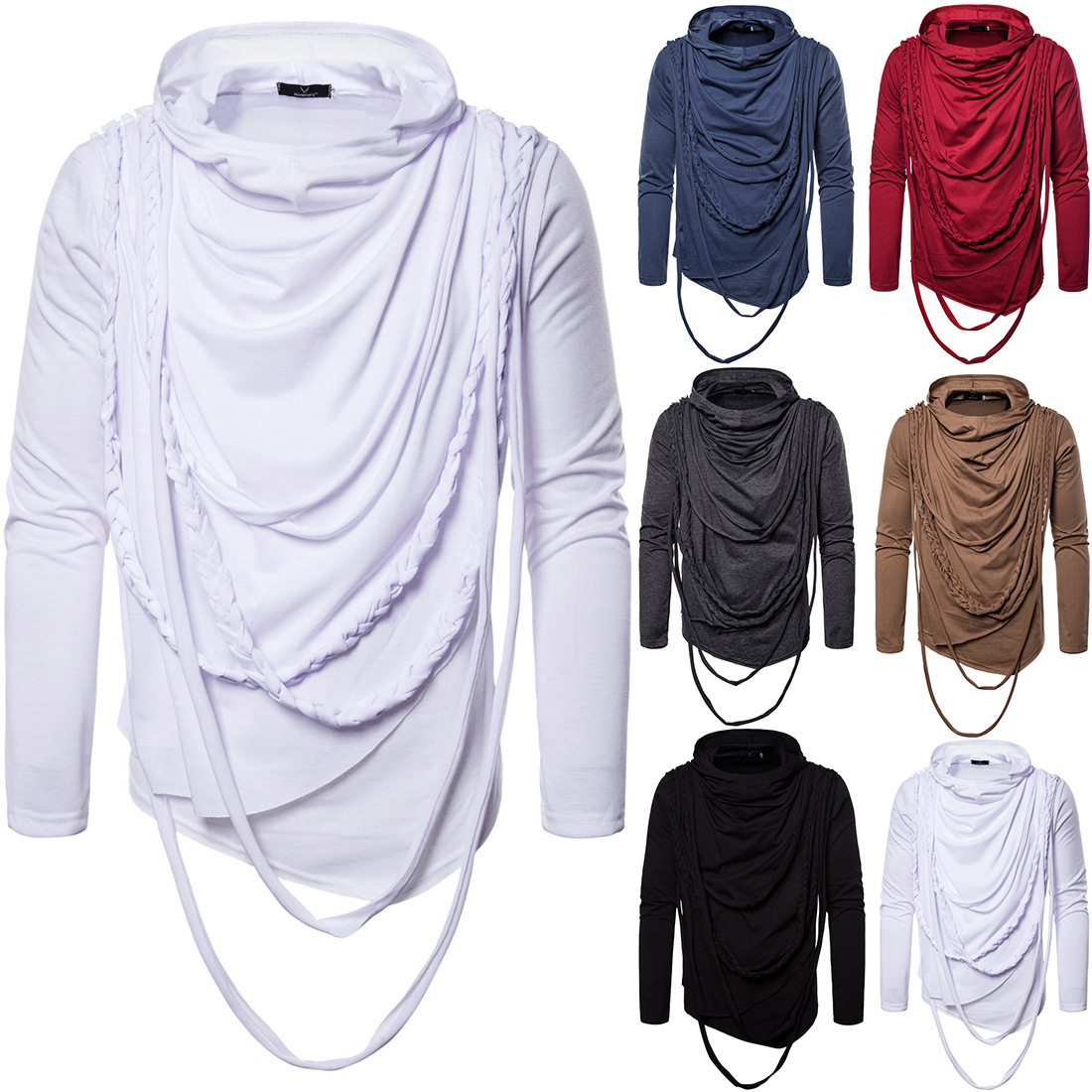 Autumn New Men's Solid Color Hooded Long-sleeved Pullover T-shirt Large Size Stack Collar Hip-hop Long-sleeved T-shirt European Size