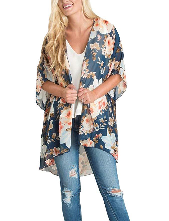 ins Amazon Explosions New Flower European and American Chiffon Sunscreen Cardigan Sexy Bikini Beach Blouse Kimono