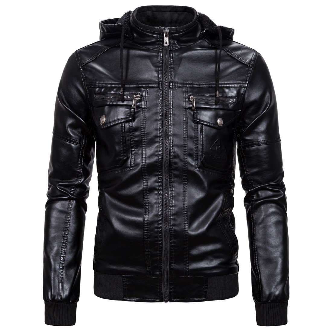 Pure European Size 2019 Men's Leather Jacket Fleece-lined Warm Leather Jacket Classic Faux Sheepskin Hooded Leather Jacket 1603