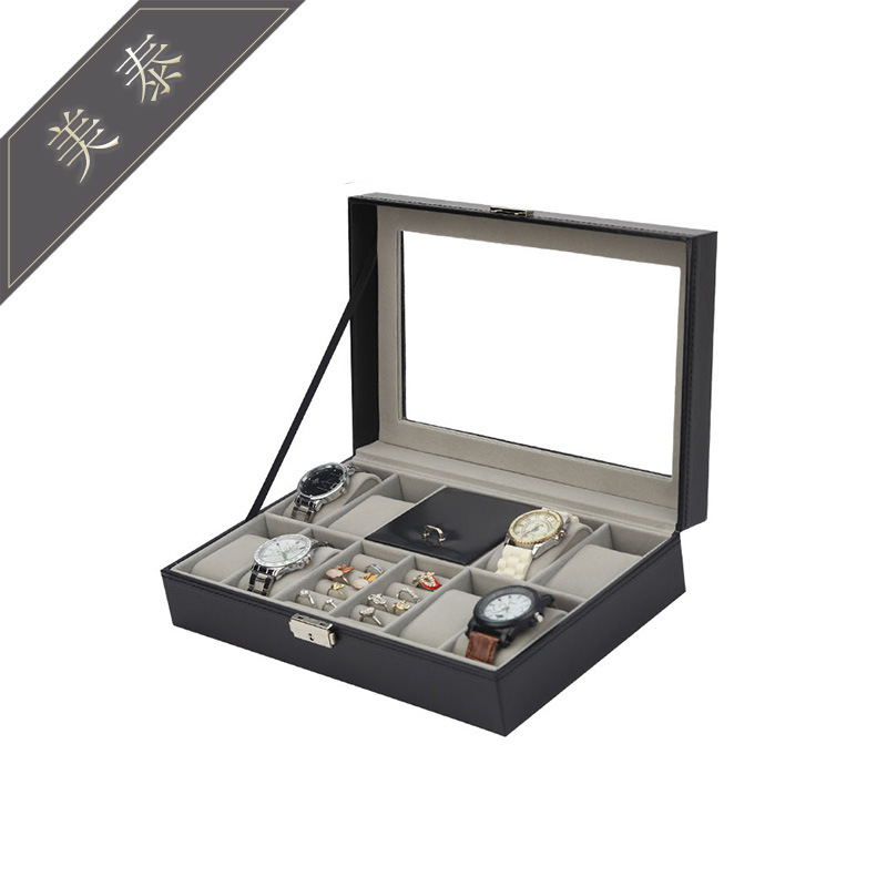 Watch jewelry box e-commerce explosions black PU8 watch 2 grid ring leather watch jewelry packaging box
