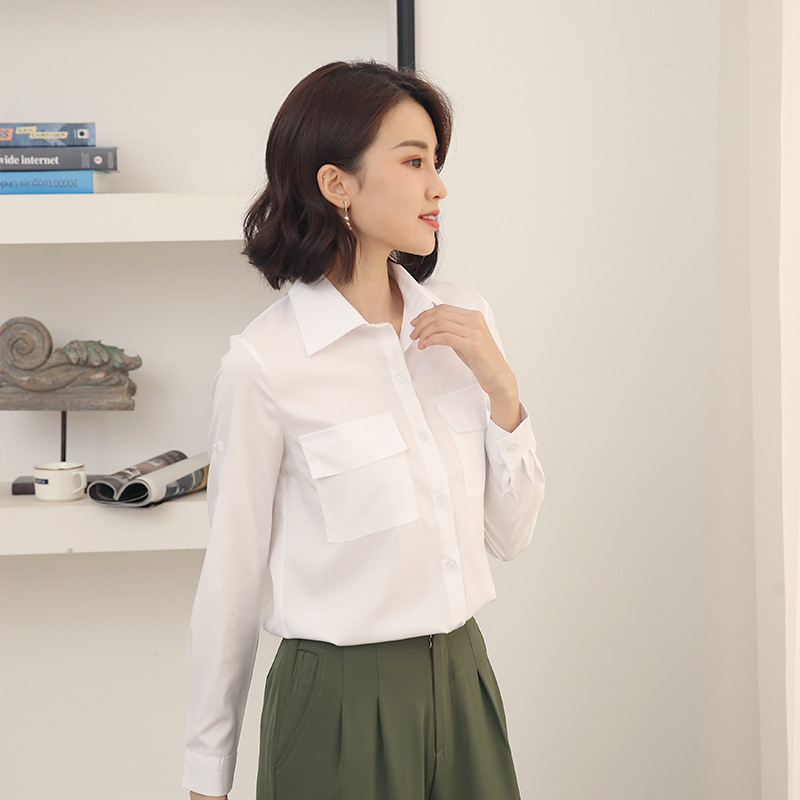 White long sleeve shirt Women's European and American style double pocket fashion personality mid-length loose shirt Korean style artistic solid color