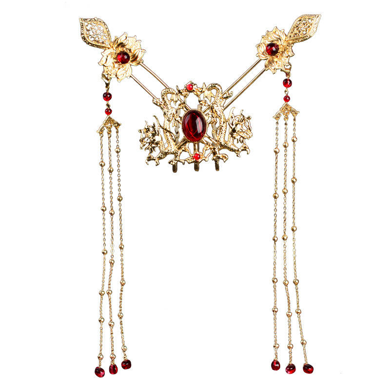 Hanfu headdress retro double dragon hair crown men's and women's red and white agate ancient style jewelry ancient costume hair crown