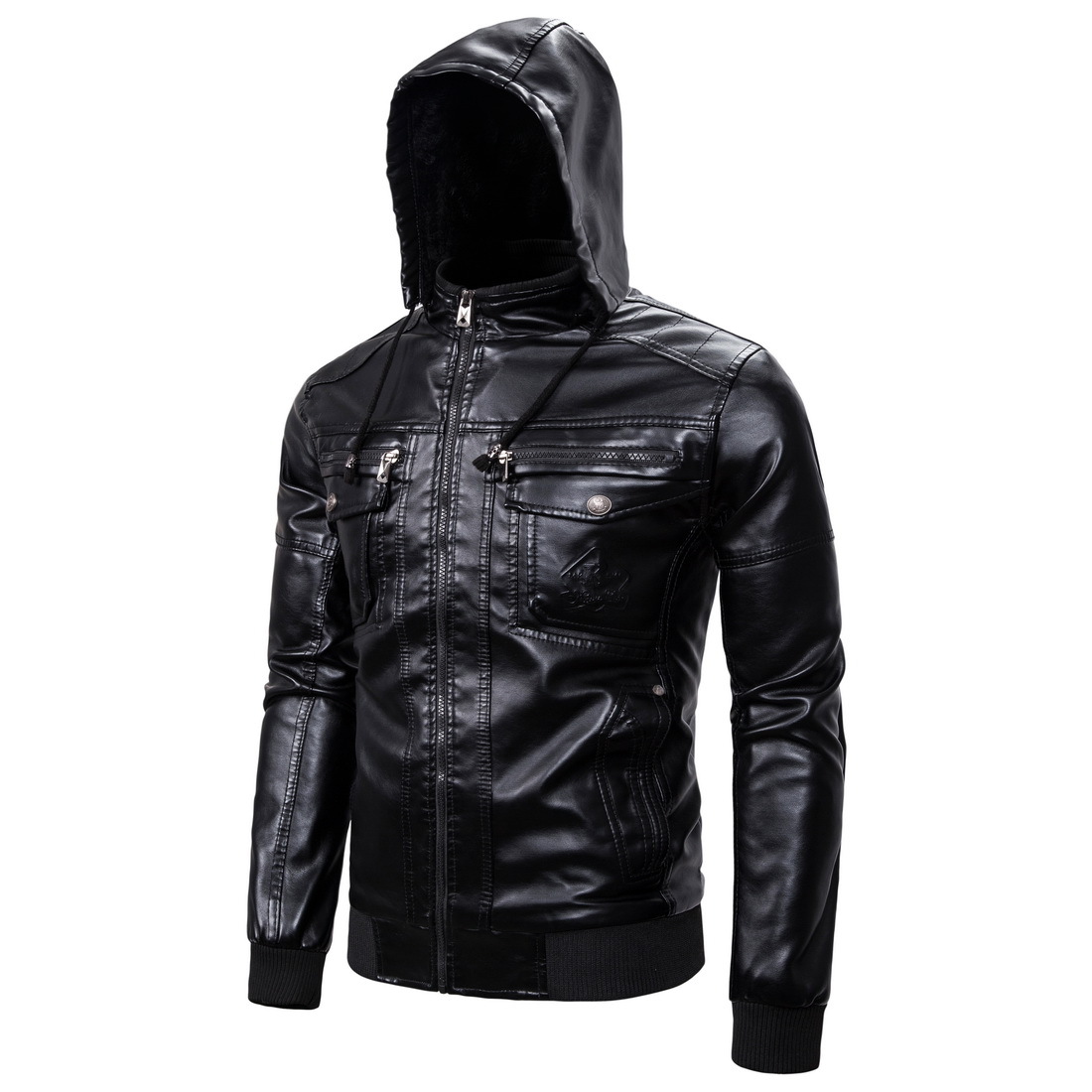 Pure European Size 2019 Men's Leather Jacket Fleece-lined Warm Leather Jacket Classic Faux Sheepskin Hooded Leather Jacket 1603