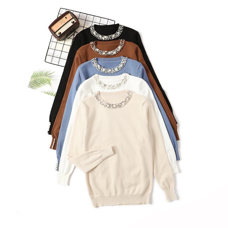 Korean Style New Autumn and Winter Beaded Pullover Sweater Women's Round Neck Long Sleeve Knitted Sweater Loose Slimming Temperament Base Shirt for Women