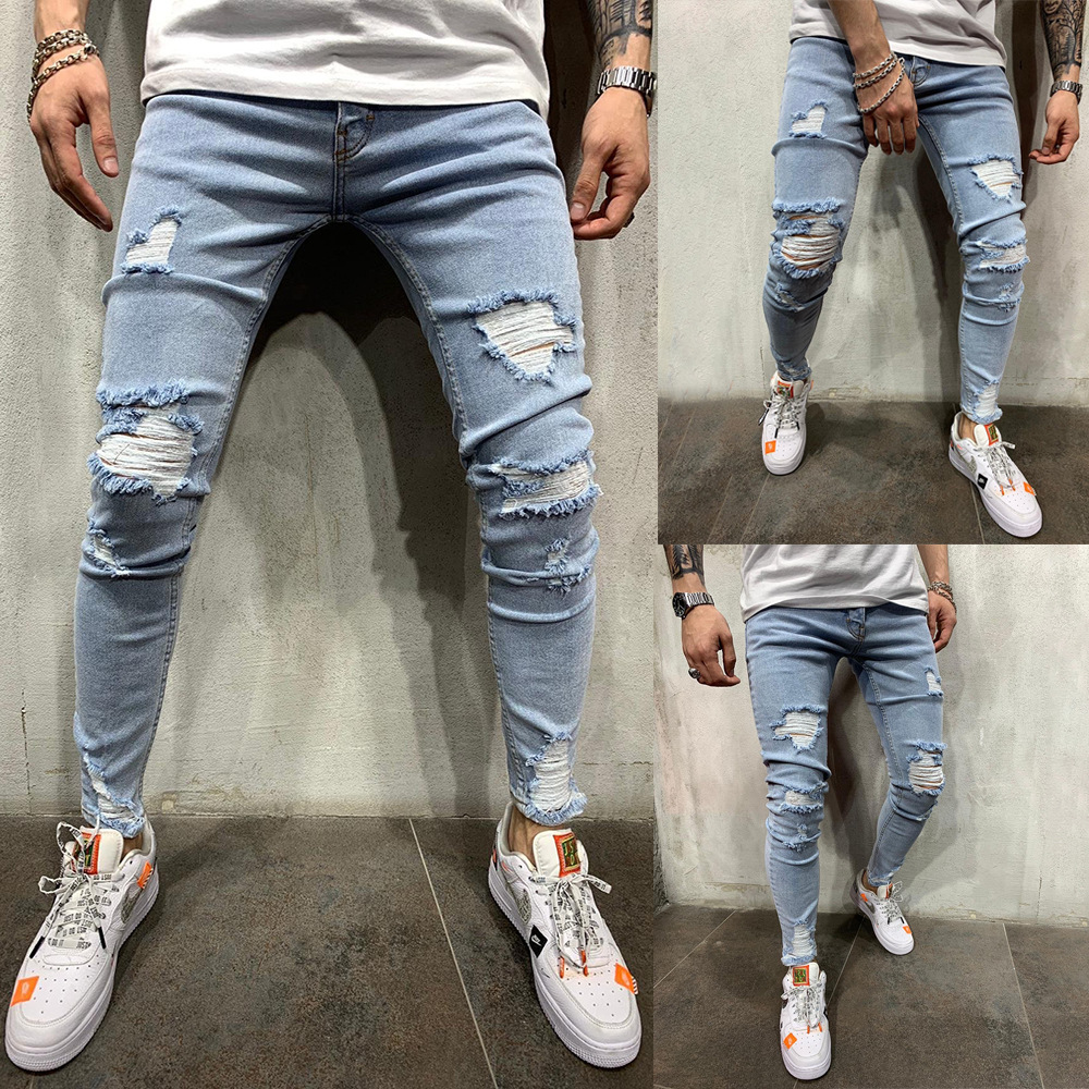 European and American High Street Men's Slim-fit Small Foot Scraping Denim Trousers Trendy Youth Ripped Jeans Large Size