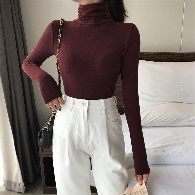 Solid Color High Collar Base Shirt Women's 2023 All-match Korean Style Internet Popular Autumn and Winter Inner Long Sleeve T-shirt Women's Slim-fit Top Trendy