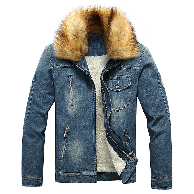 2022 New Fall/Winter Couple Men's Fleece-lined Thickened Youth Jacket Cotton-padded Men's Fleece-lined Denim Jacket