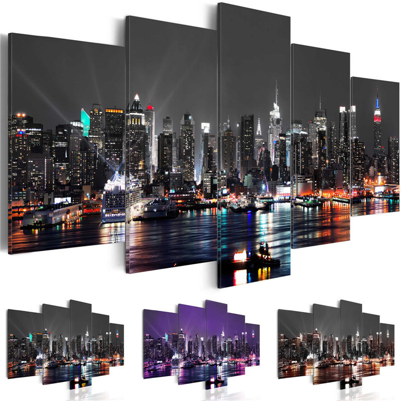 High-definition abstract modern home decoration canvas spray painting wall painting five-link three-color Night View city cross-border supply