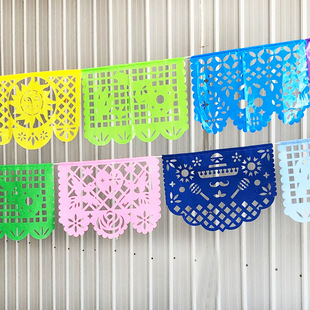 Mexican party square paper-cut plastic flower for the Day of the Dead plastic flag Carnival party plastic flags