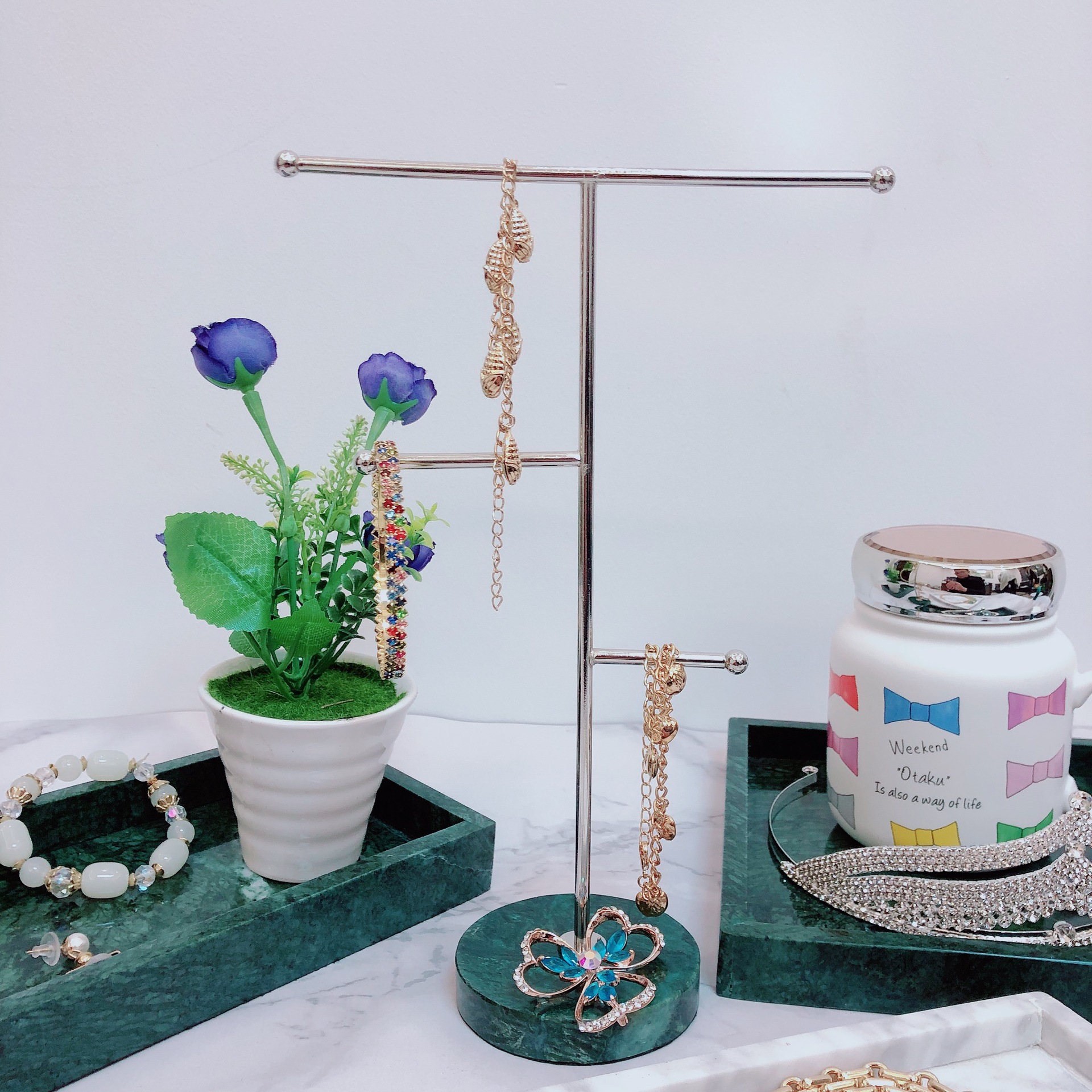 Nordic ins Marble Jewelry Rack Creative Electroplated Iron Storage Bedroom Cosmetic Room Decorative Rack Finishing Rack