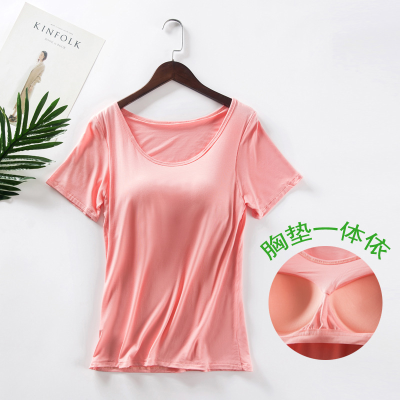 2019 Spring and Summer Vest Women's Modal One-piece Sports Underwear with Chest Pad Solid Color Non-bra Short-sleeved T-shirt