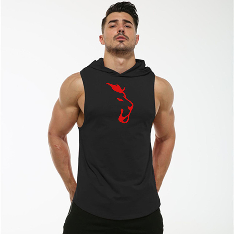 European and American Men's Fitness Sports hooded vest summer hooded curved hem elastic sweat-absorbent wolf head printed vest