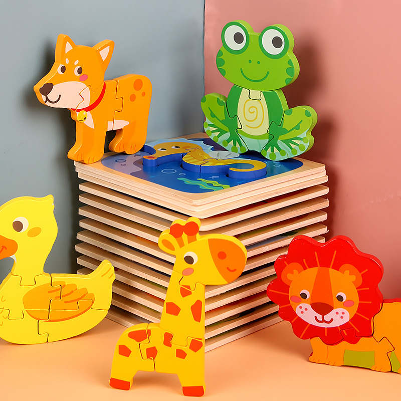 Hot selling toys wooden children cartoon Three-dimensional puzzle training concentration early education building blocks animal matching puzzle 3d