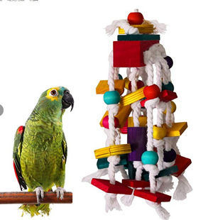 Parrot toy bird toy colorful wooden beads wooden block cotton rope nibbling string