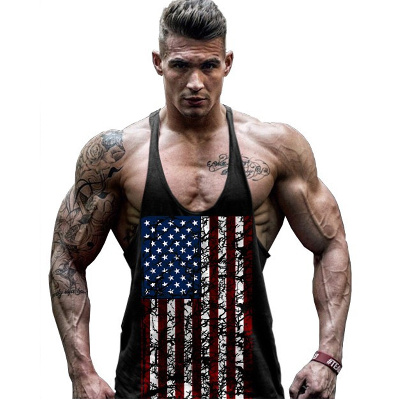 ebay New Men's Fitness Vest Sports American Flag Crack Muscle Cotton European and American Large Size