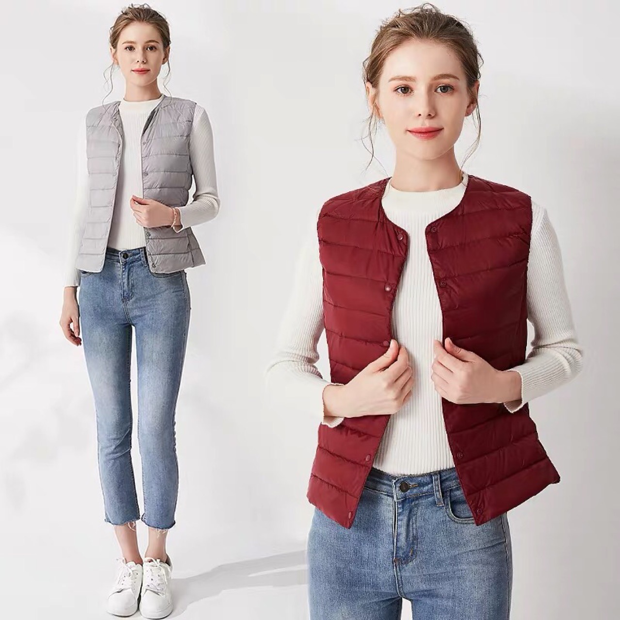 Cross-border Autumn and Winter Round Neck Down Jacket Vest Women's Inner Tank V-neck Lightweight Short Down Waistcoat Women's Vest