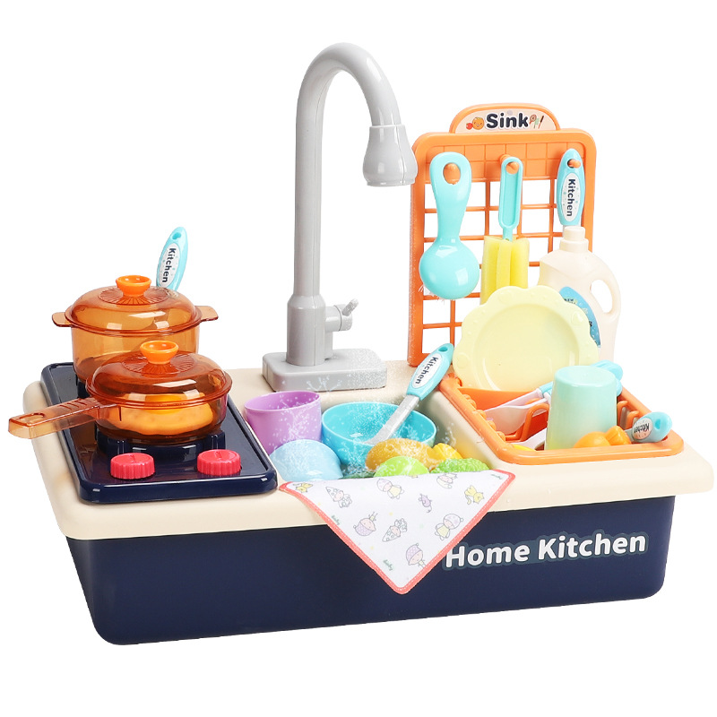 Children's Simulation Dishwasher Washing Basin Circulating Water Outlet with Stove Baby Play House Water Kitchen Toy Gift
