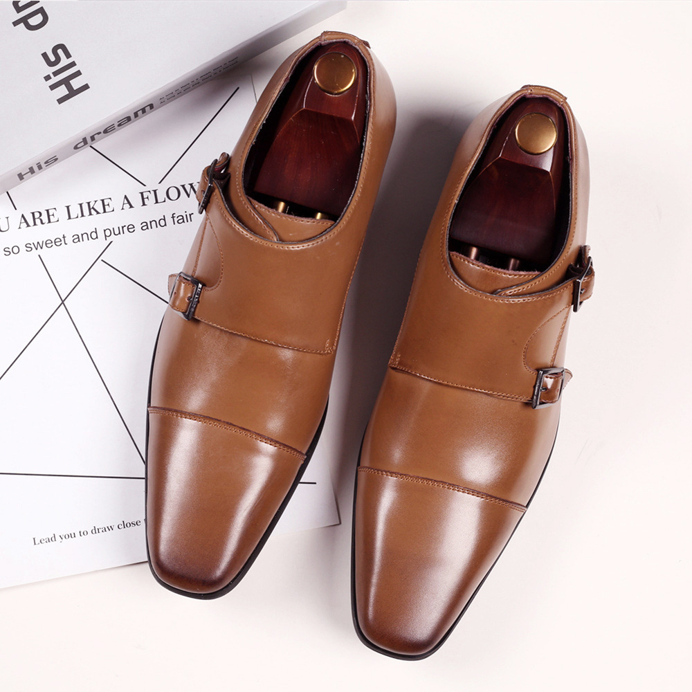 HPIOPL4010 Cross-border Business Leather Shoes Men's Square Toe Dress Shoes Casual Shoes Three-joint Mengke Buckle Leather Shoes for Men