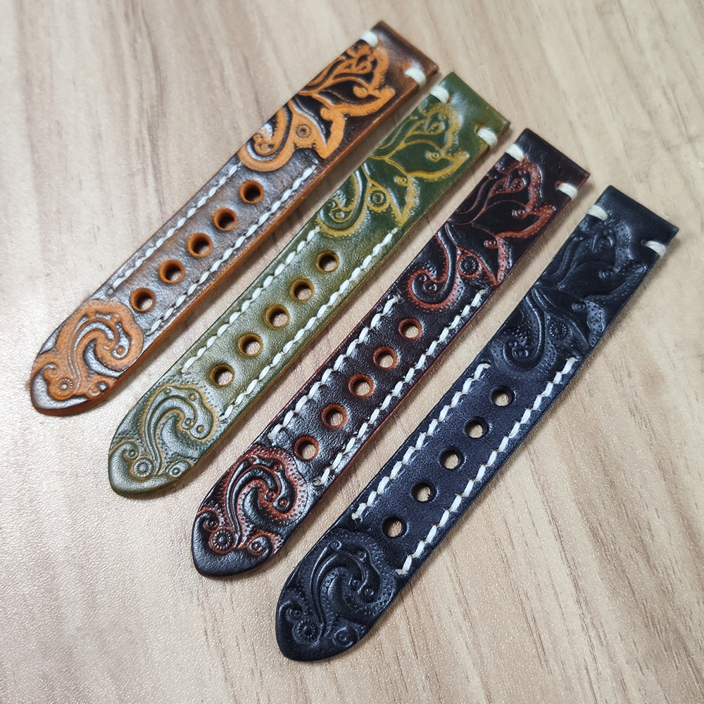 Vintage embossed watch strap handmade watch strap fat sea Black Watch strap 18 20 22mm 24mm genuine leather watch strap