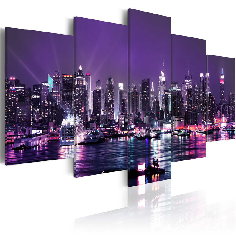 High-definition abstract modern home decoration canvas spray painting wall painting five-link three-color Night View city cross-border supply