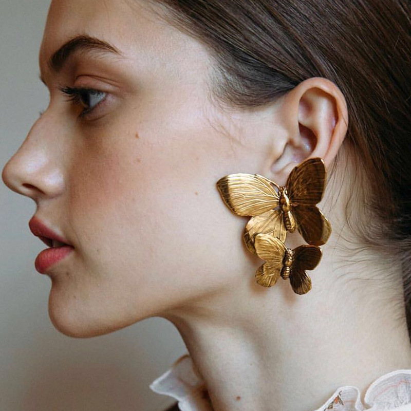 earrings跨境新款金屬質感兩隻蝴蝶耳環女歐美潮流氣質耳飾冷淡風