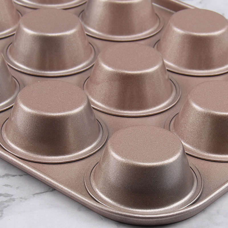 DIY Home Baking 12 Mafen Cup Baking Pan 12 Cups Gold Non-stick Mini Cake Mold Carbon Steel Flat Bottom Pan