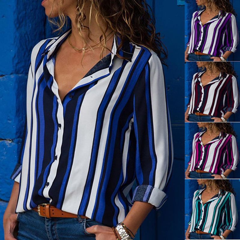 European and American AliExpress Women's Contrast Striped Long Sleeve Multicolor Shirt Blouse CHUNa89599 - ShopShipShake