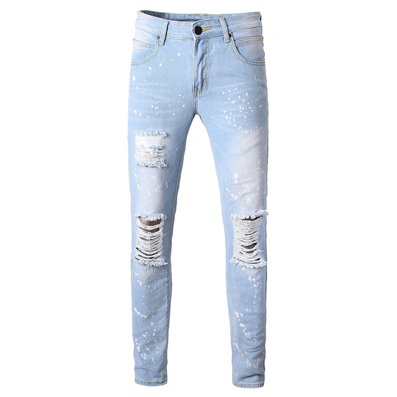 Ripped Jeans Men's 2019 New European and American Foreign Trade Summer Light Blue Large Size Washed White Straight Men's Jeans Trendy