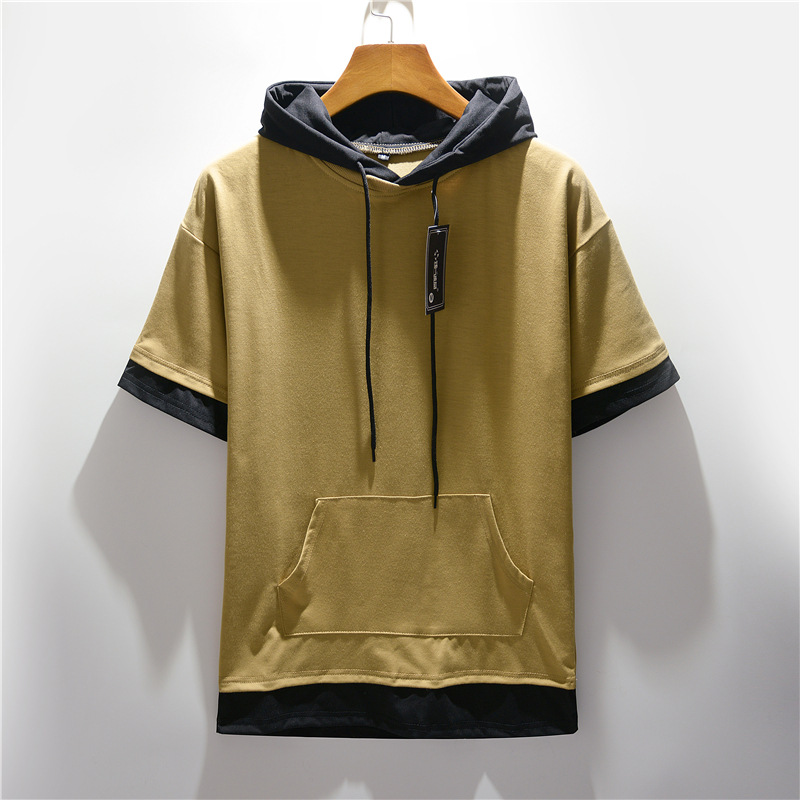 Summer new men's plus size hooded color matching short-sleeved T-shirt casual loose large pocket T-shirt half-sleeved men's top
