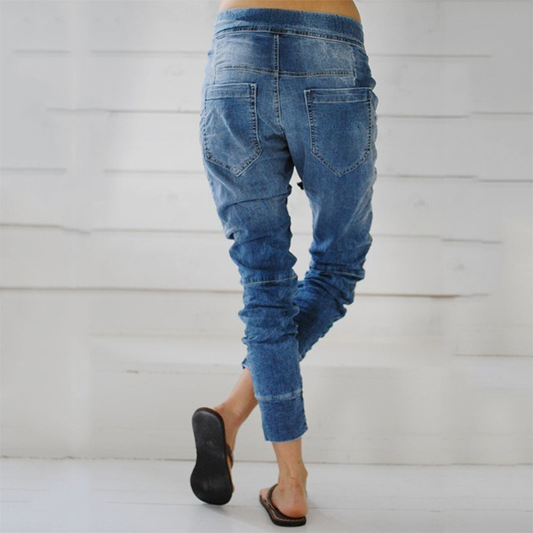 Spot direct purchase wish Amazon Europe and the United States cross-border ladies denim pants leg lace-up denim pants Harlan pants