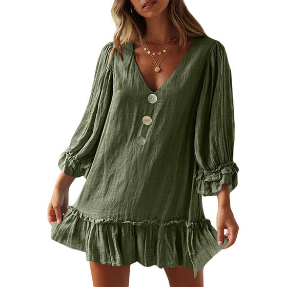 Cross-border new women's A- line skirt Amazon hot sale European and American loose long sleeve ruffled hem cotton linen dress