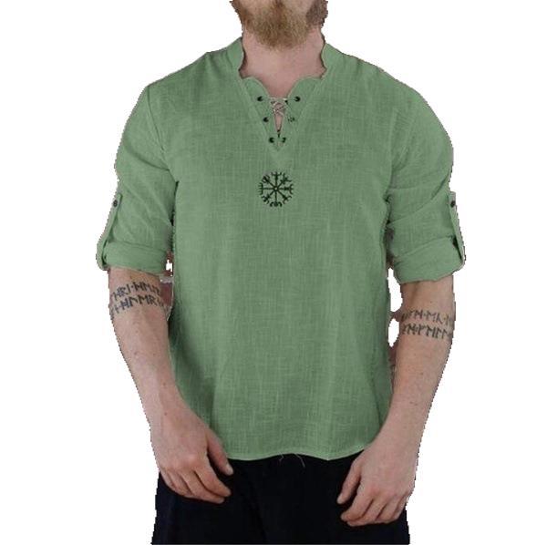 2023 cross-border wish cross-border cotton and linen fashion embroidered long sleeve stand collar shirt T-shirt men's long sleeve T-shirt