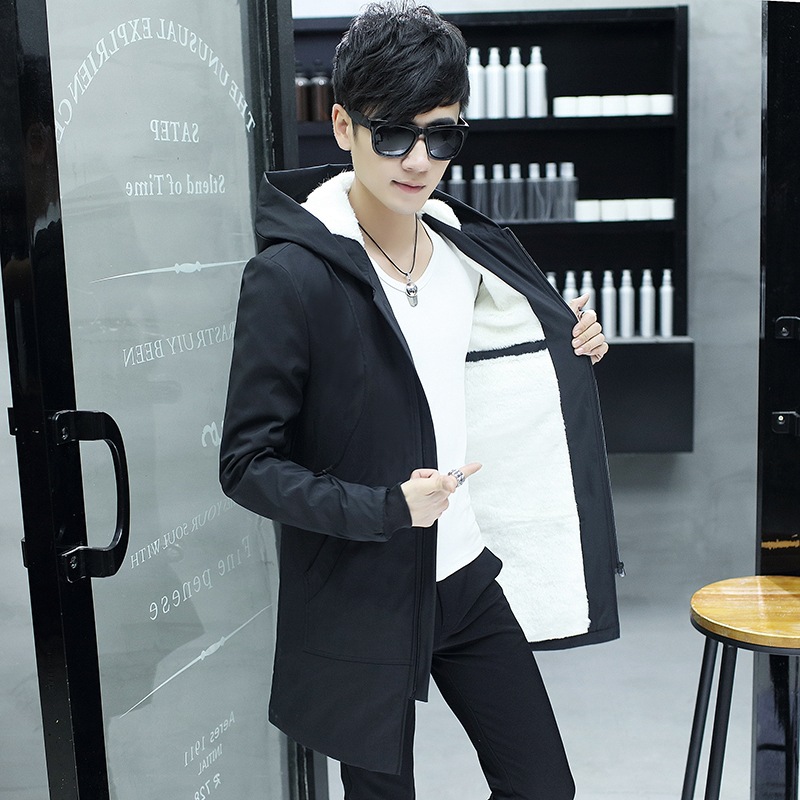Winter New Men's Mid-length Hooded Coat Men's Korean Style Youth Casual Fleece-lined Thickened Jacket Coat Men's Wear
