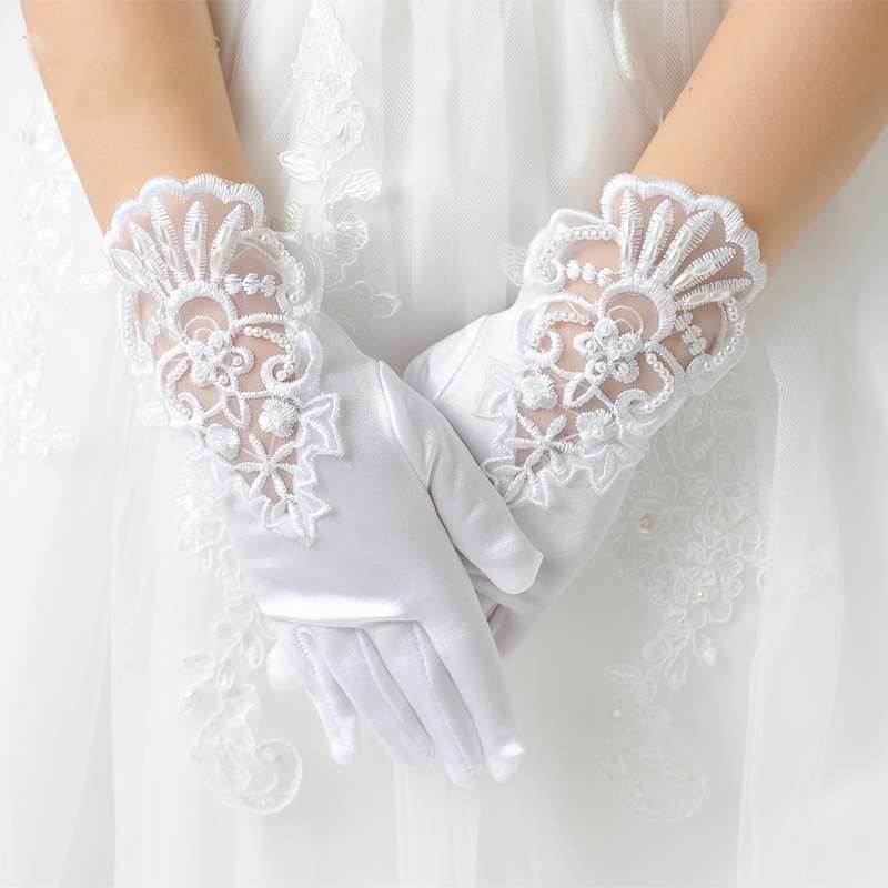 Children's White Lace Gloves Flower Children's Wedding Dress Performance Embroidered Halloween Christmas Girls Short Gloves