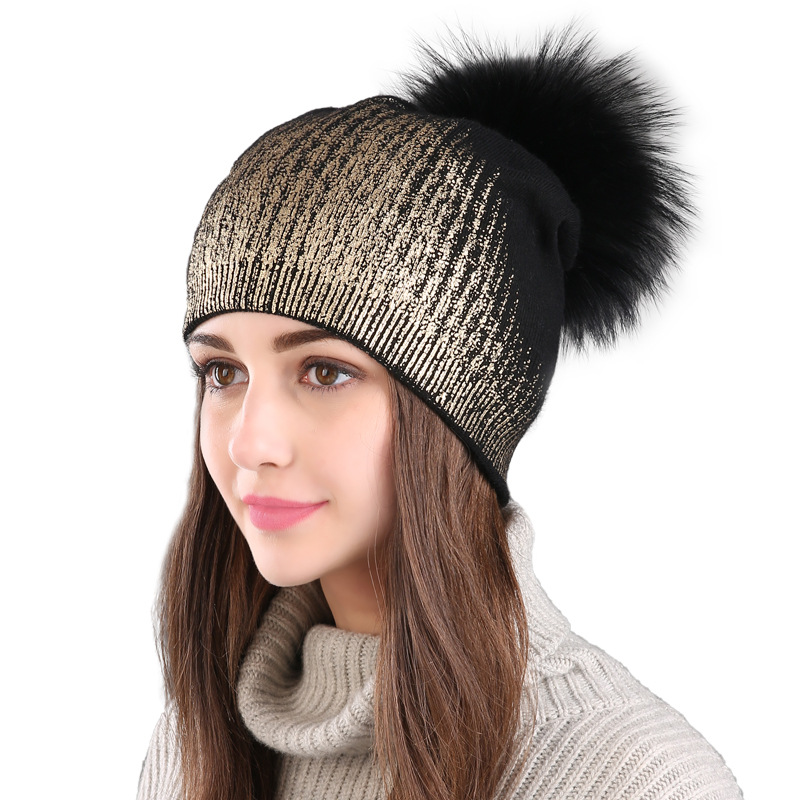 European and American Foreign Trade winter warm wool knitted hat women's gilding Silver Women's hat raccoon ball fur wool hat