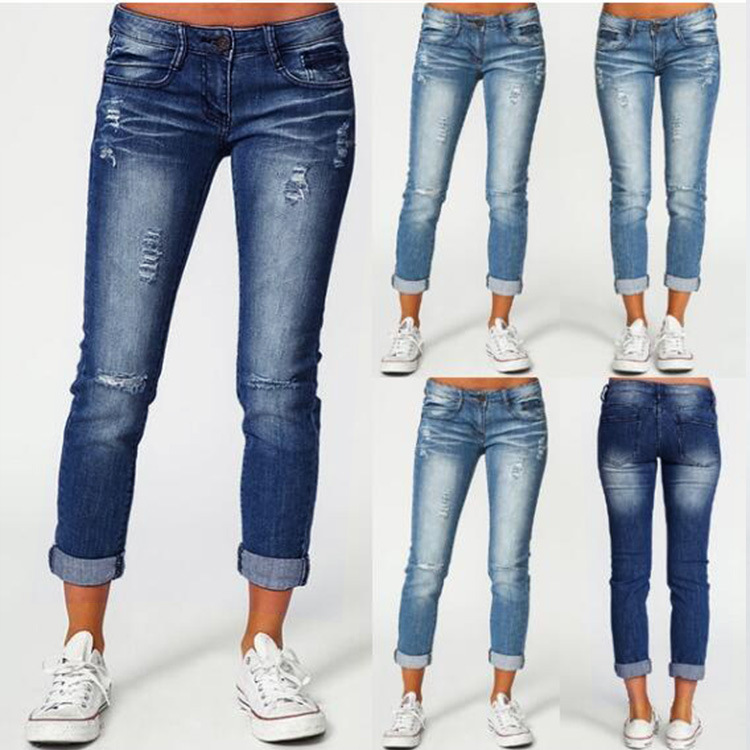 Cross-border sales wish Amazon Hot Women's Jeans Ripped Slim-fit Women's Pants Jeans