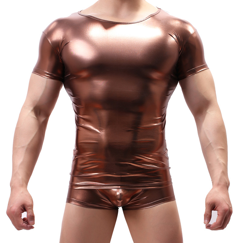 Factory wholesale bronzing patent leather Youth Men's vest nylon ice silk elastic stage performance close-fitting sleeve t-shirt