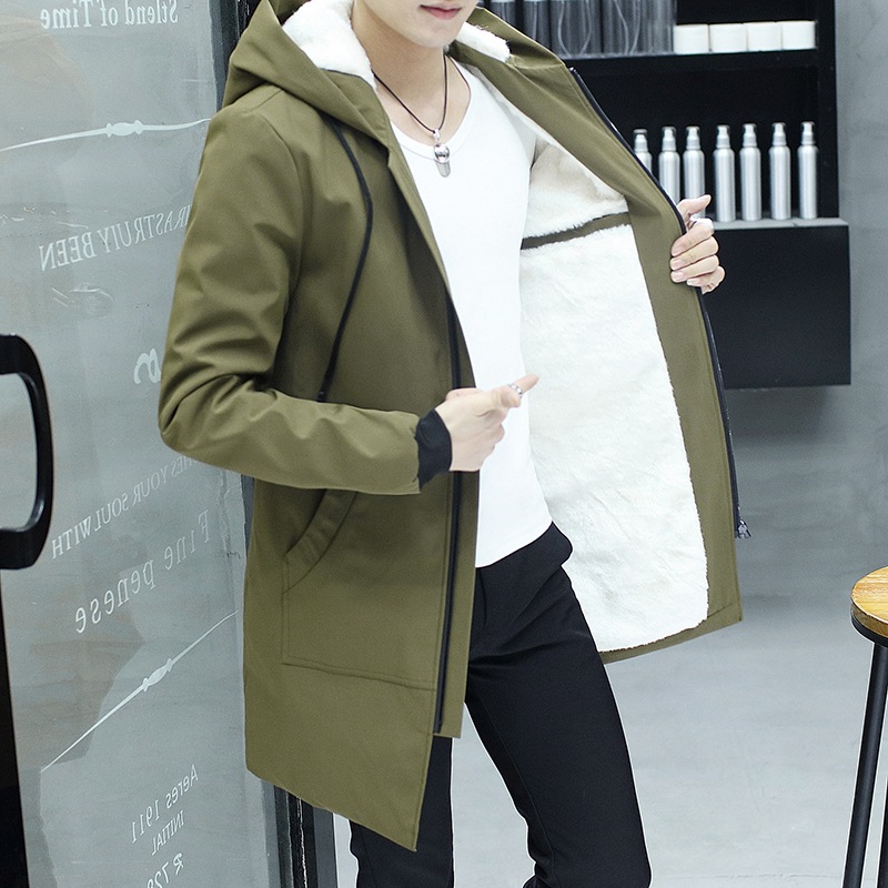 Winter New Men's Mid-length Hooded Coat Men's Korean Style Youth Casual Fleece-lined Thickened Jacket Coat Men's Wear