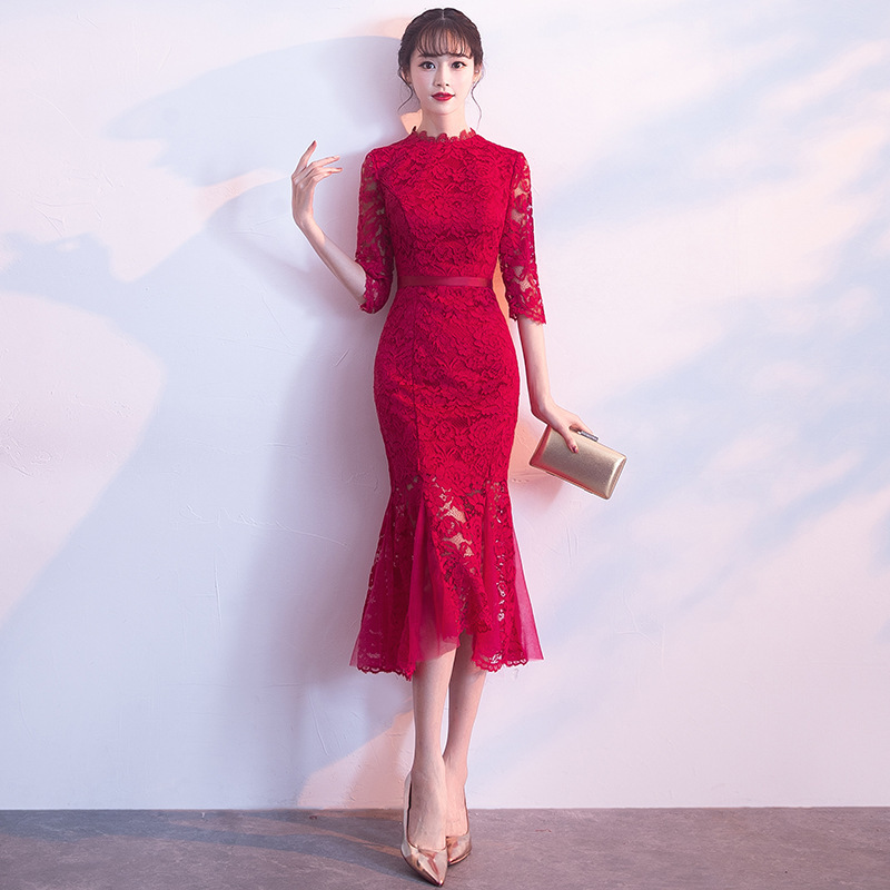 Bride Toast Dress Cheongsam 2023 New Spring Red Back Door Banquet Evening Dress Fishtail Modern Wedding Dress
