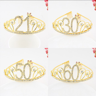 New Birthday Crown European and American 60 Digital Birthday Headband Bridal Banquet Rhinestone Hair Accessories Alloy Headband Women