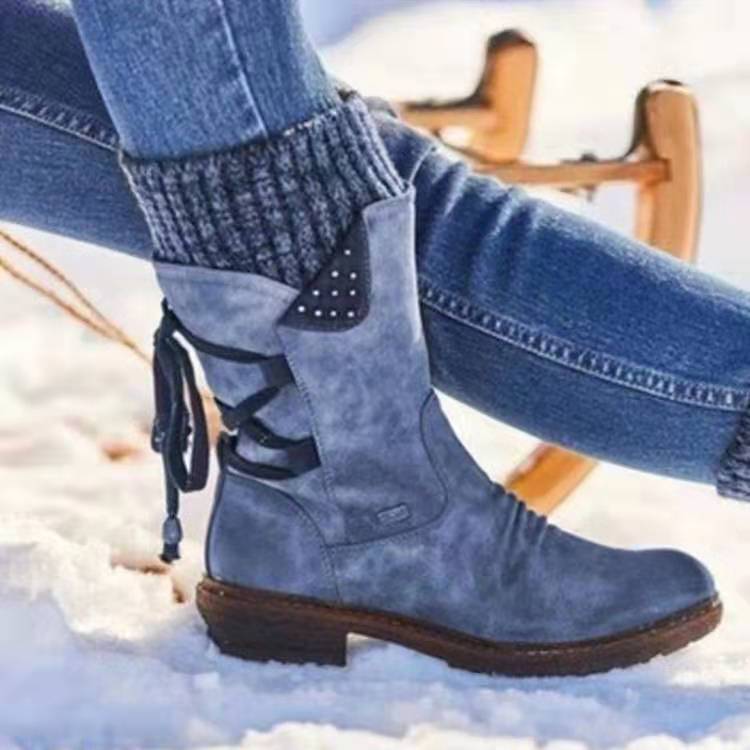 Large size mid-barrel Martin boots women's autumn and winter New thick heel strap retro women's leather short boots wish cotton boots 35-43